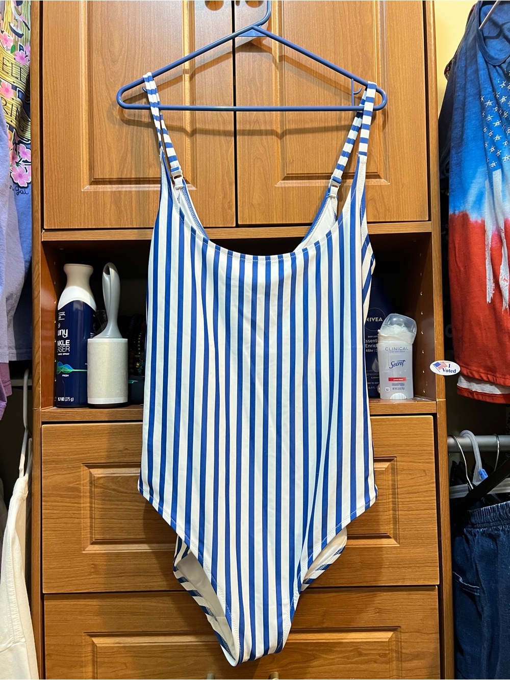 Old Navy Blue and White Stripe One-Piece Swimsuit